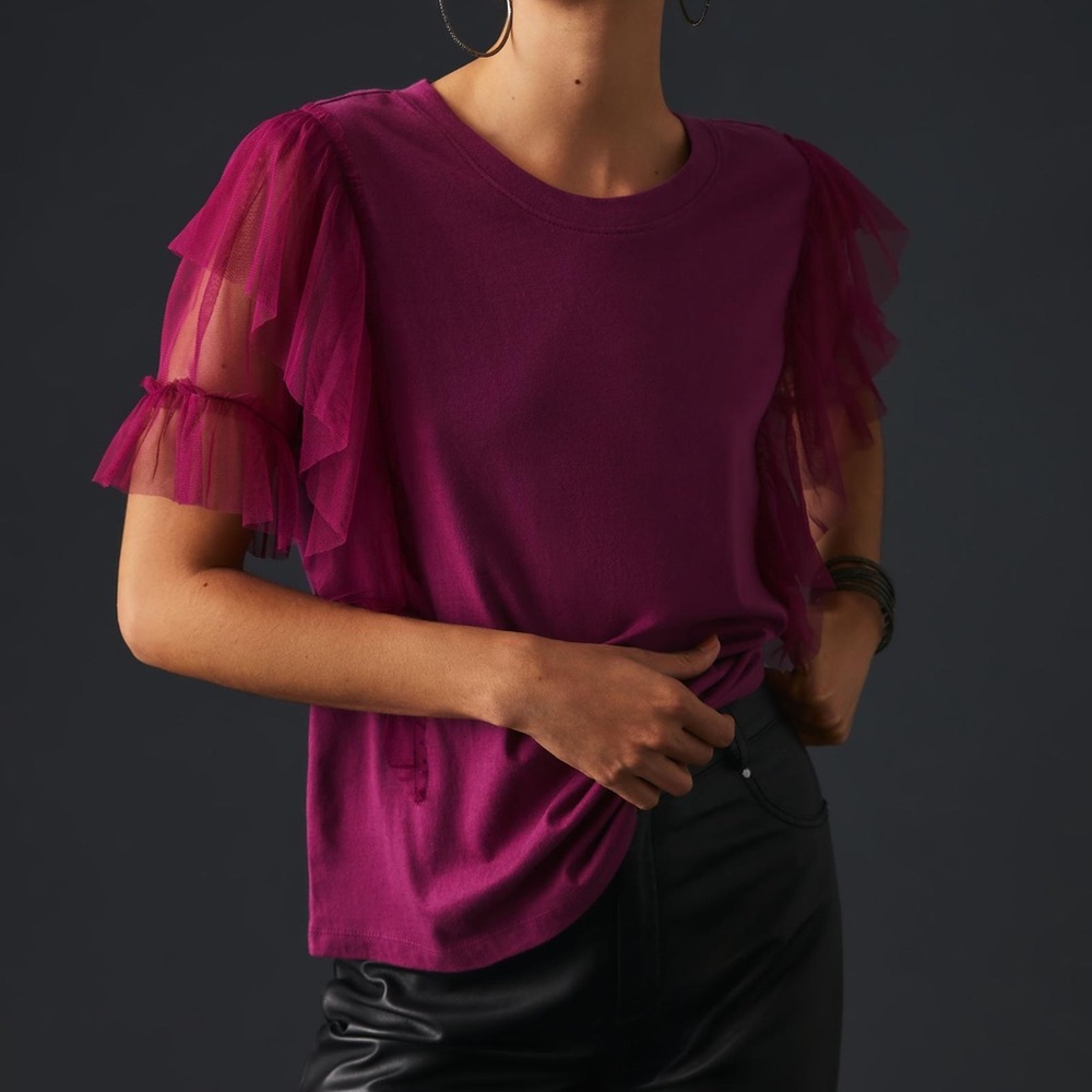 Anthropologie Pilcro Tulle Mesh Tee in Raspberry
